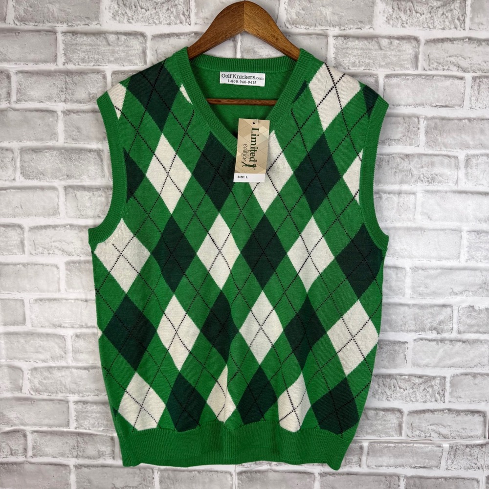 Golf Knickers Mens Argyle Sweater Vest Green White V-Neck Limited Edition Large